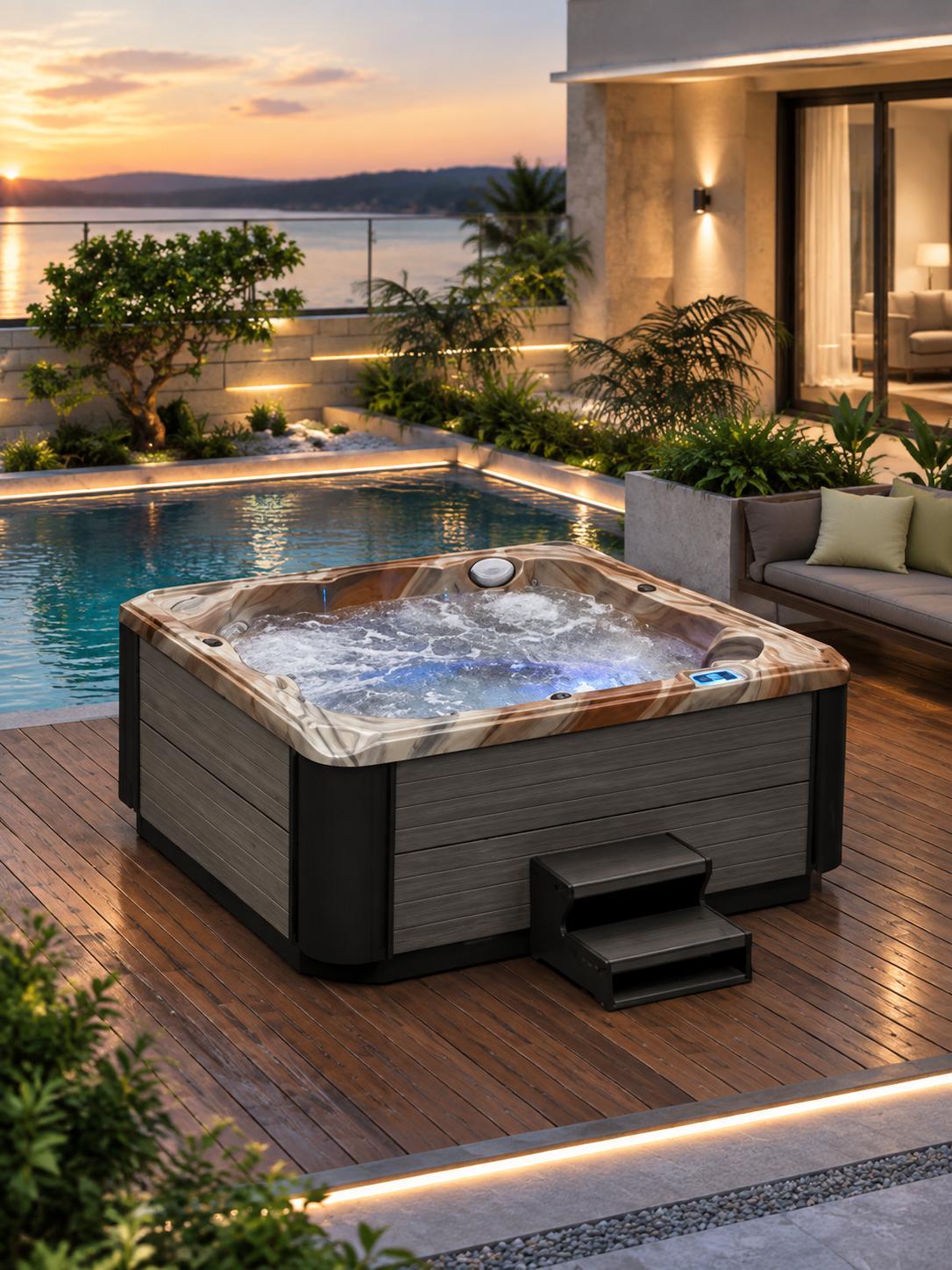 Hot tub installed on a wooden deck in a backyard setting