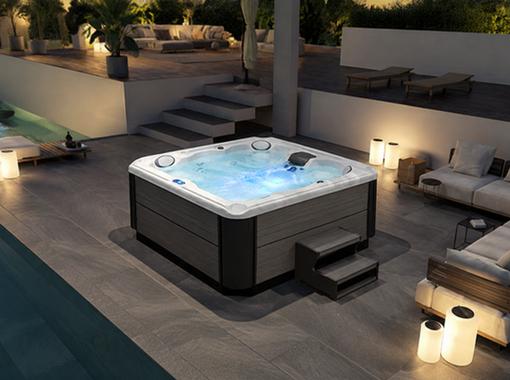 Wide-angle lifestyle shot of the BD-001 in a luxury outdoor setting