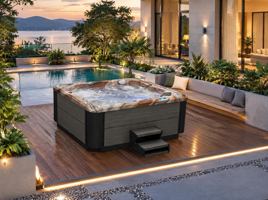 Application scenario of the BD-004 hot tub on a wooden deck