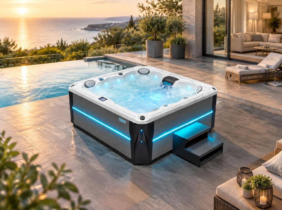 BD-004 hot tub installed on a stone patio at dusk