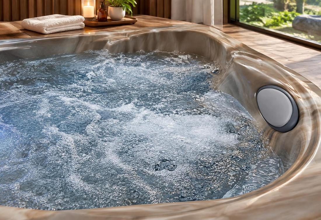Close-up view of massage jets in a marbled acrylic hot tub shell