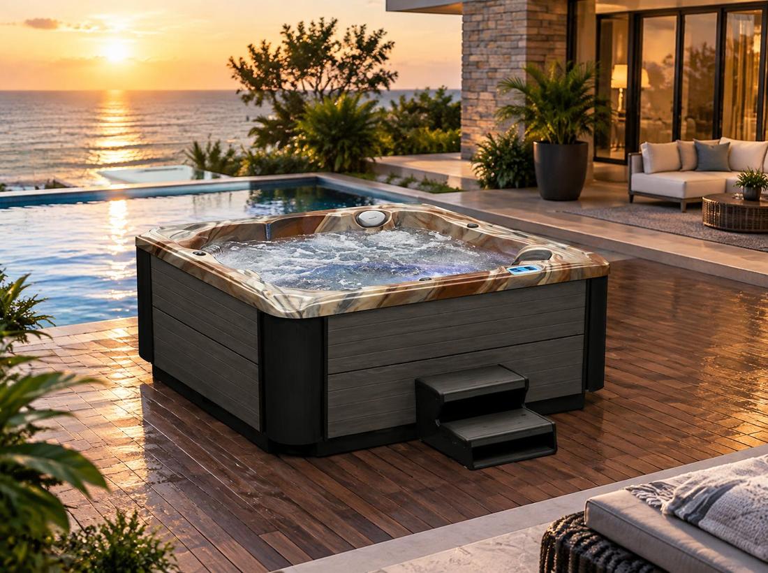 Application scenario of hot tub on wooden deck