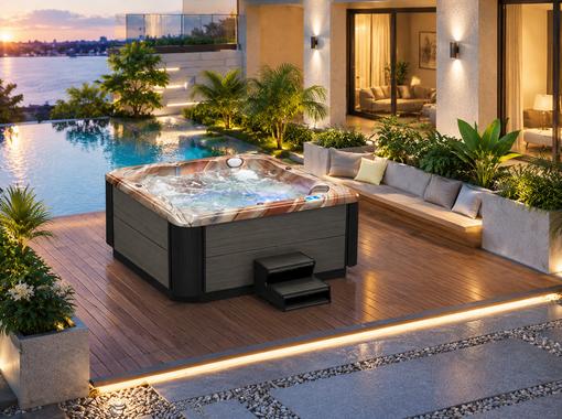 BD-004 hot tub installed on a wooden deck in a backyard setting