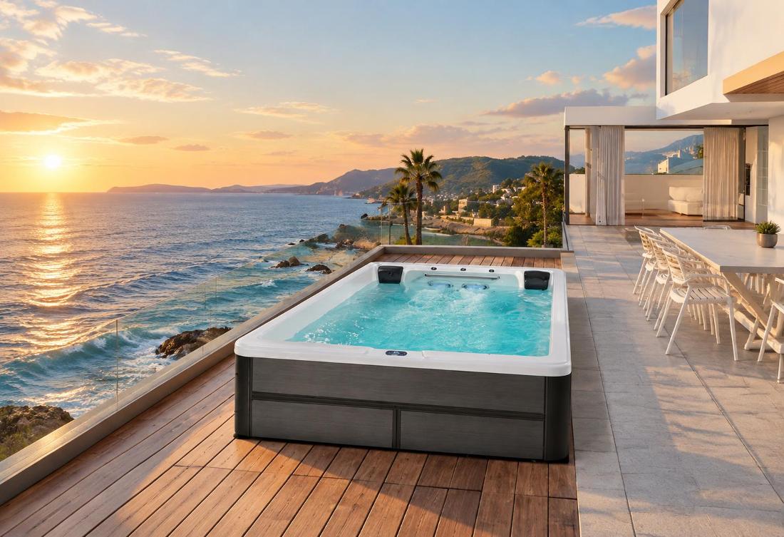A wide-angle outdoor shot of the IP-001 compact pool installed on a wooden deck overlooking the ocean