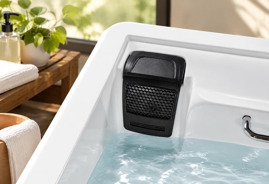 A close-up detail shot of the pool's skimmer box with honeycomb intake grill and anti-skid textured flooring