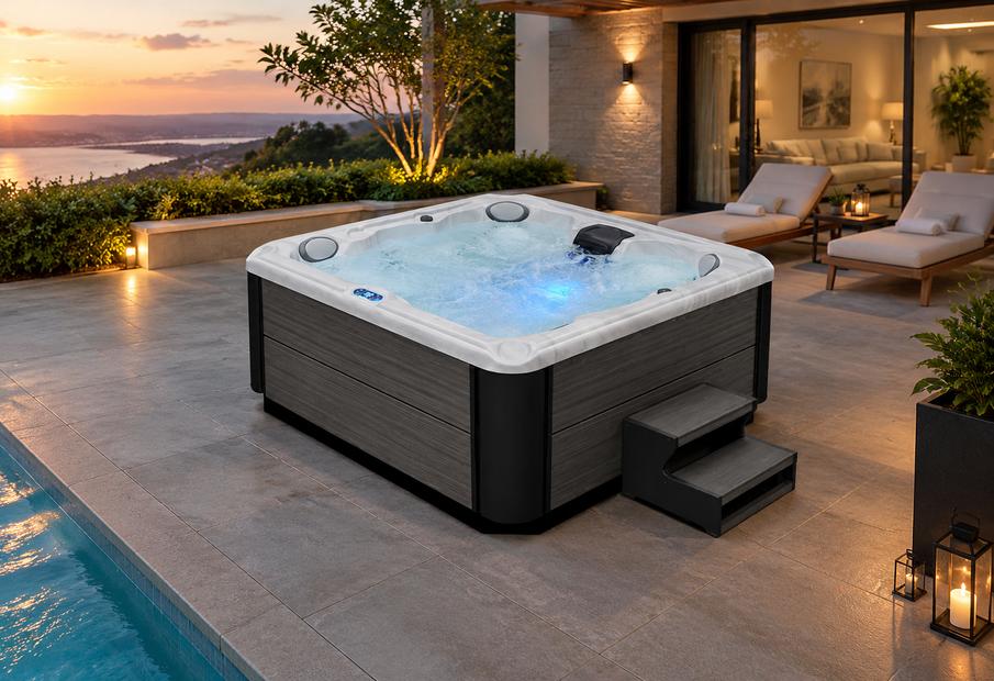 High-angle wide shot of the BD-001 hot tub installed on a dark stone patio