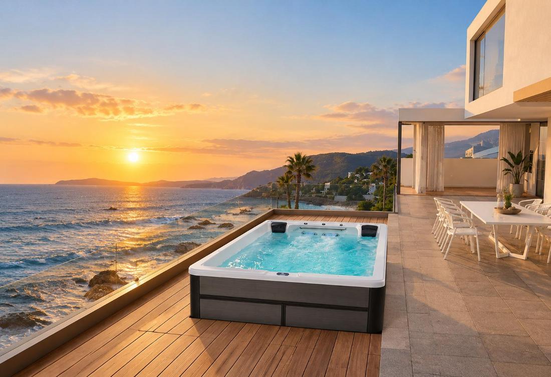 Outdoor deck installation of a compact therapy pool overlooking the ocean